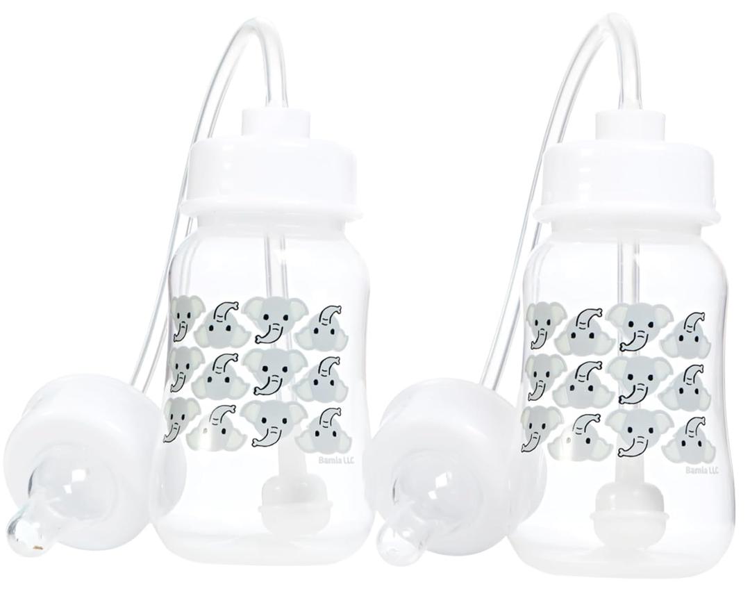 Hands-Free Baby Bottle - Anti-Colic Nursing System 4 oz Baby Bottle with Fast Flow Nipple/Teat 3m+ with Tube Straw Feeding System for Toddler (2 Bottles - Elephant)