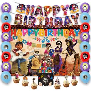 42pcs Dsney Coco Birthday Party Supplies -Included Banner, cupcake toppers , backdrop and Balloons Banner for Coco Cartoon Themed Party Decorations