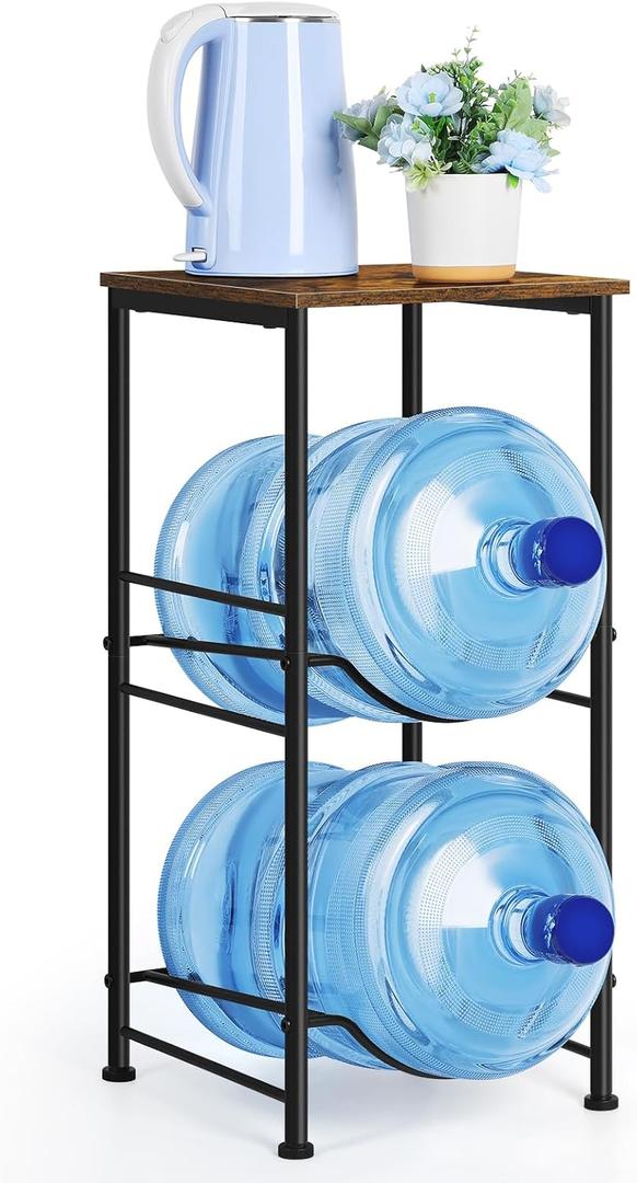 Water Bottle Holder Organizer 5 Gallon Water Jug Holder with Top Shelves 2 Tier Water Cooler Jug Storage Rack Heavy Duty Water Dispenser Stand for 5 Gallon Bottle Kitchen Office Living Room Brown