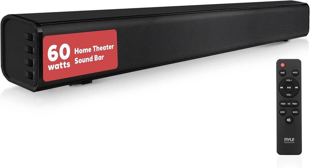 Pyle Wave Base Wireless BT Soundbar - Compact Tabletop Home Theater Sound System with AUX, Extended Bass, Full-Range Stereo, TV Stand Mount, LED Indicators, Easy Setup, 23' x 2' x 2” in