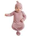 Newborn Knotted Baby Gown 0-6 Months, Super Soft Breathable Nightgowns for Babies Girl and Boy, Baby Girls Coming Home Hospital Outfit with Hat Set Pink