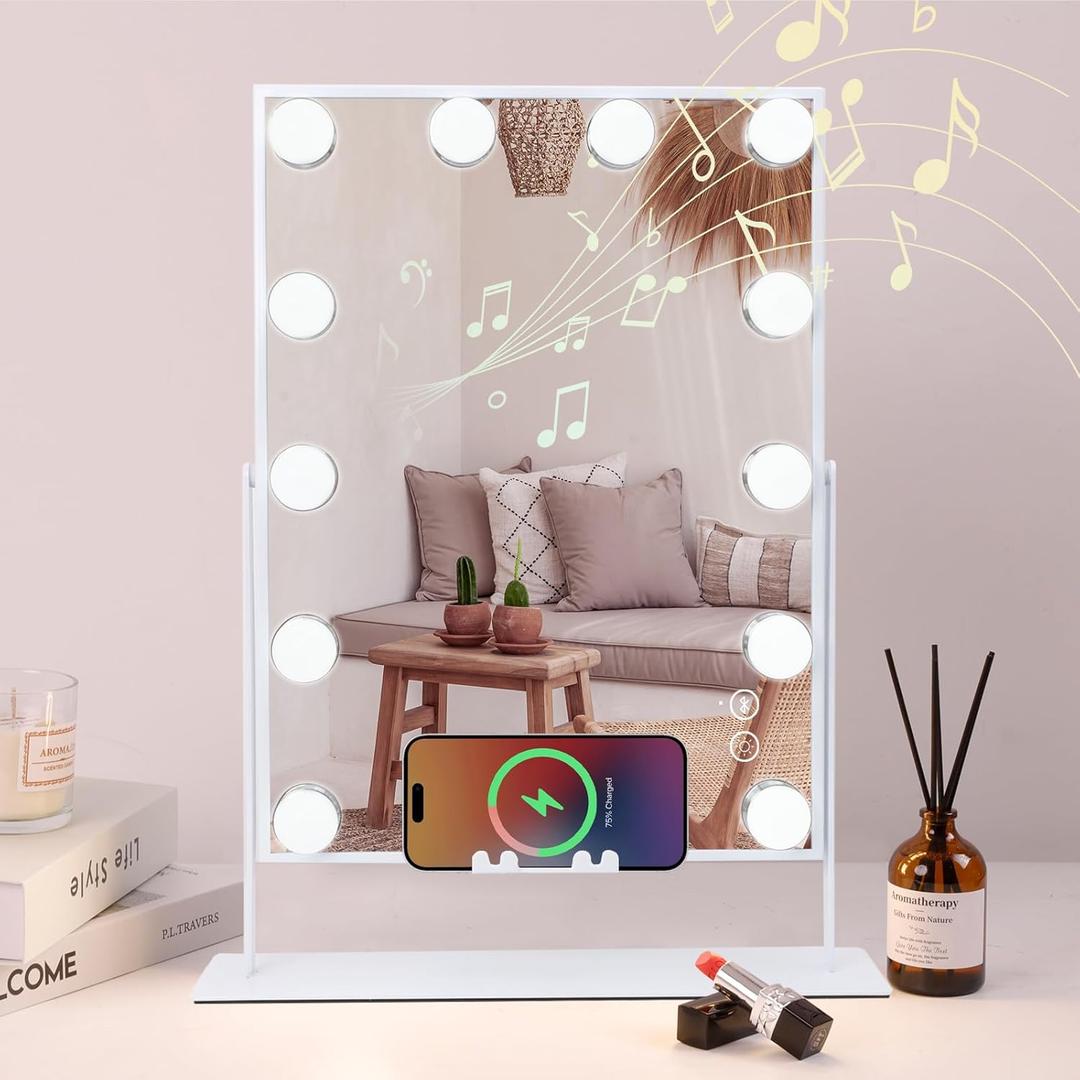 COOLJEEN Vanity Mirror with Lights and Bluetooth, Wireless Charging Lighted Vanity Mirror with Phone Holder, 12-Bulb 3 Color Lighting Tabletop Lighted Makeup Mirror, 360Rotation