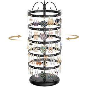 LASZOLA 5 Tier Black Earring Holder Organizer Tree Women Display Storage for Stud and Hoop, Large Cool Rotating Clip Stand for Pierced and Dangle Earring, Vertical Metal Tower Carousel with 220 Holes