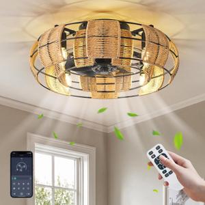 22 inch Boho Rattan Caged Ceiling Fan with Light, Low Profile Flush Mount Bladeless Ceiling Fan with Light and Remote&APP Control Quiet 6-Speed Reversible DC Motor for Living Rooms and Kitchens, Black, Large