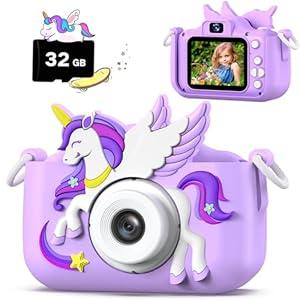 Dinosaur Kids Camera for Boys Girls, Toddler Digital Selfie Camera with Cute Protective Cover and 32G SD Card, Christmas Birthday Gifts Toys for 3 4 5 6 7 8 9 10 11 12 Years Old Little Girls and Boys (Purple)