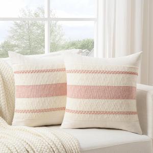 Fancy Homi Set of 2 Boho Pink Decorative Throw Pillow Cover 16x16 Inch for Couch Bed Sofa, Aesthetic Modern Organic Farmhouse Home Decor, Soft Cotton Cute Accent Macrame Woven Cushion Case