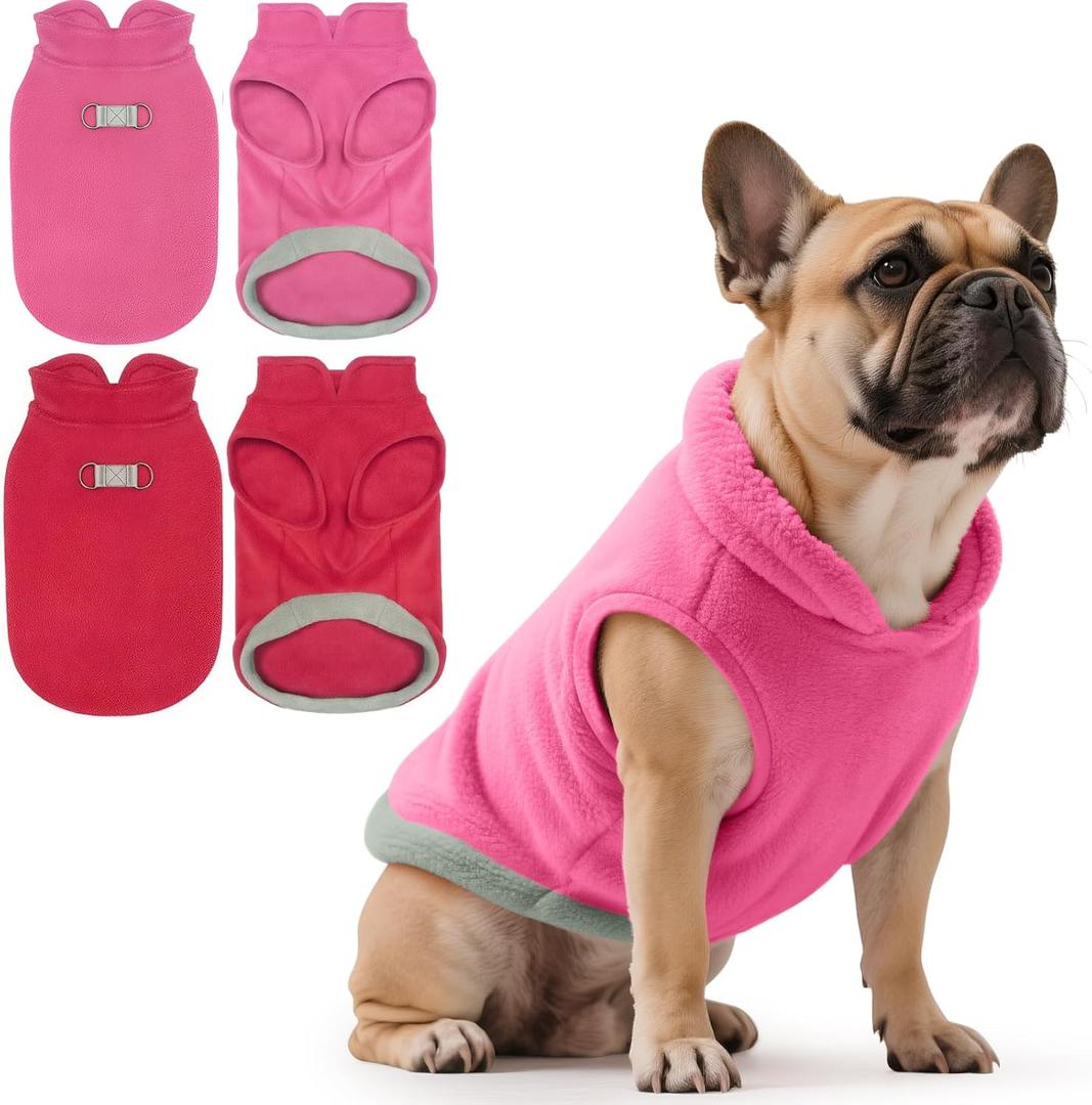 Idepet 2 Pack Dog Fleece Vest Sweater Warm Pullover Jacket with D-Ring Leash Reflective Winter Coat Hoodie for Puppy Cat French Bulldog Pug Chihuahuas Yorkies Dachshunds (Red&Rose Red, XX-Large)