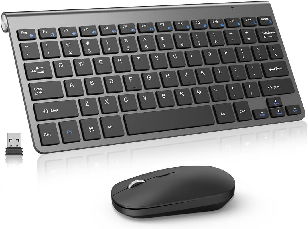 Compact Wireless Keyboard and Mouse Combo, Mini Portable Travel Keyboard and Silent Mouse Set with USB Receiver, Quiet Click, Small Size, Adjustable 2400 DPI for Computer, Laptop, PC, Windows - Gray
