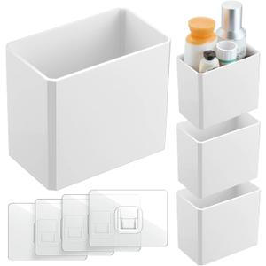 Suclain 4 Pcs Wall Mounted Organizer Non-Drilling Adhesive Floating Shelf White Wall Bin Organizer Hanging Storage Containers for Bedroom Bathroom Kitchen Office