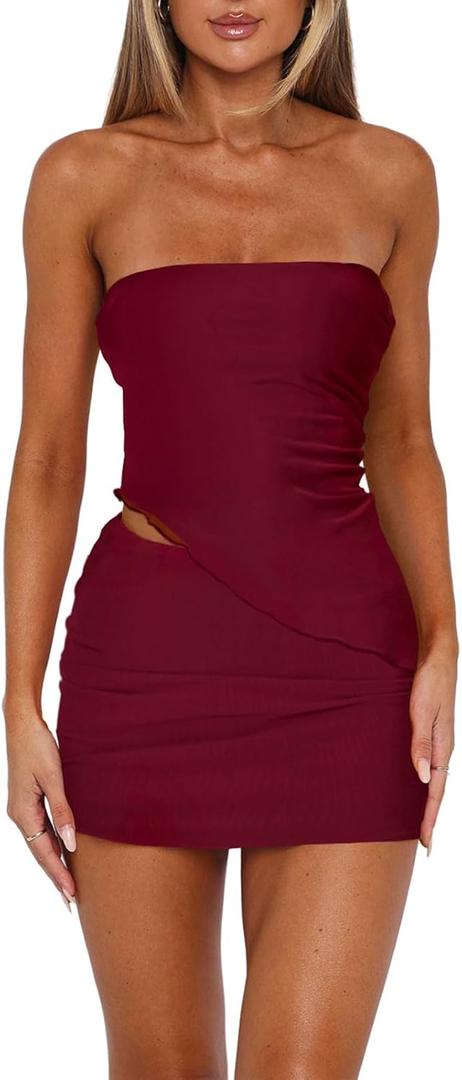Two Piece Skirt Set for Women Summer Asymmetrical Mesh Strapless Tube Tops Mini Skirt Set Going Out Outfits (Medium, Solid Wine Red)