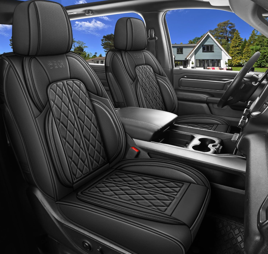 Car Seat Cover Custom Fit for Dodge Ram 1500 2500 3500 2002-2026 Faux Leather Seat Cover Set Compatible with Crew Quad Regular Cab Pickup Truck Cushions (Black, Full Set, Flat Rear)