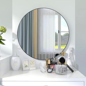 30 inch Round Black Mirror, Brushed Black Metal Framed Circle Wall Mirror for Bathroom Vanity, Bedroom Decor, Living Room, Entryway