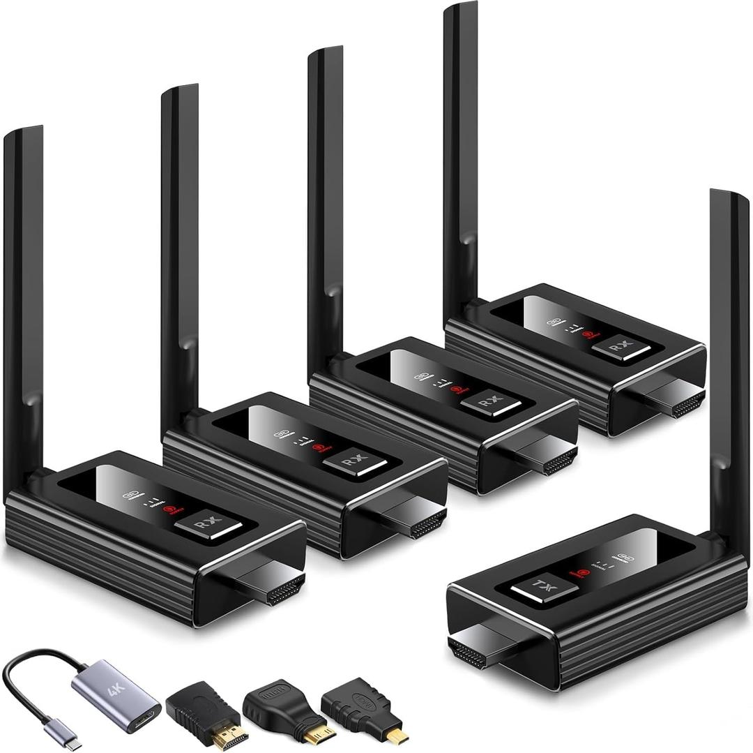 Wireless HDMI transmitter and 4 receivers, 2025 upgraded multi TV extender, plug and play, 5.8G/ 2.4G@60Hz 165FT,HDMI Wireless splitter transfers of videos from laptops/camera to multiple TVs/monitors