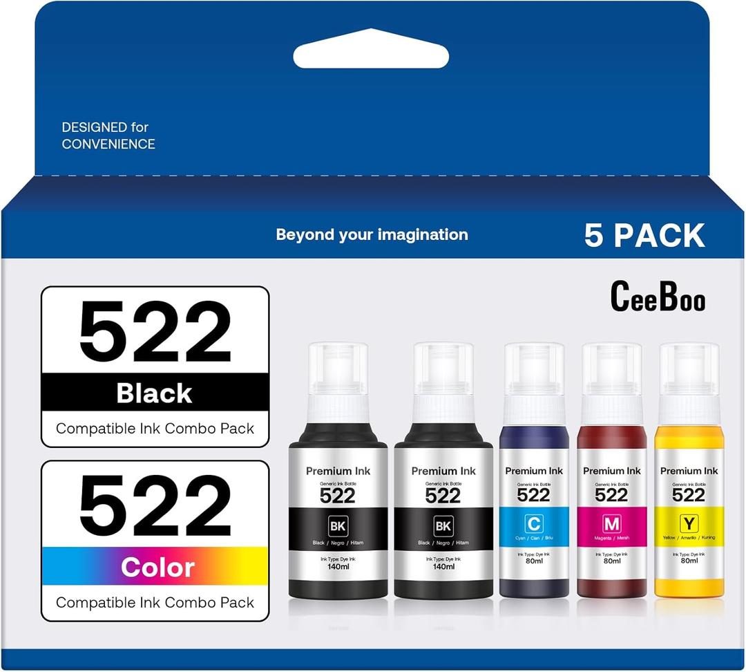 CEEBOO 522 Refill Ink Replacement for Epson 522 (Not Sublimation) - 2 Black 140 mL, 1 Cyan, 1 Magenta, 1 Yellow 80 mL, 5 Bottles