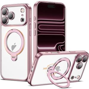 AmoraAqua Compatible with iPhone 17 Pro Max Case with 360° Rotatable Magnetic Ring Stand [Compatible with Mag-Safe] Camera Lens Protector Plating Clear Phone Case for iPhone 17 Pro Max 6.9", Pink