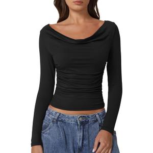 QINSEN Women Cowl Neck Long Sleeve T Shirts Double Lined Tight Fitted Crop Top (X-Large, Black)