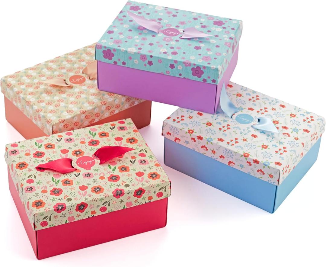 Floral Gift Boxes with Lids & Ribbons (20 Pack) 8" x 6.3" x 3.5" Decorative Printed Treat Boxes for Gift Giving, Soaps, Chocolate, Small Presents, Christmas, Birthdays, Bridesmaid, Diwali, Bulk, Empty