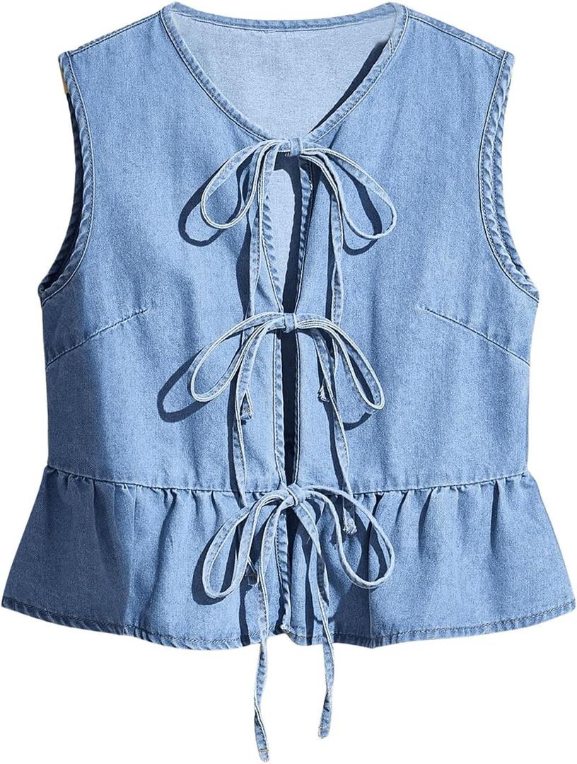 SHENHE Women's Y2k Tie Front Denim Vest V Neck Ruffle Hem Sleeveless Peplum Jean Top Shirt M