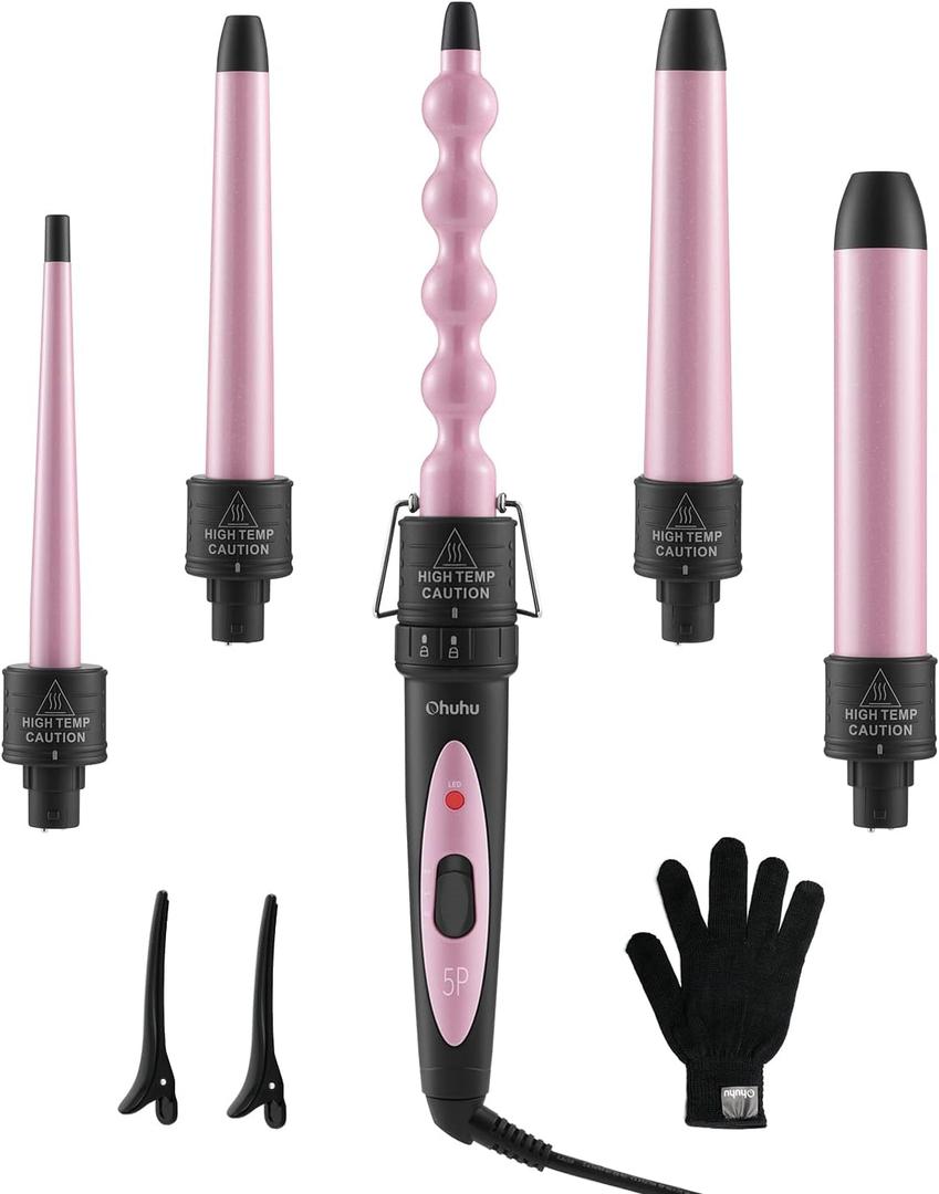 5 in 1 Curling Wand Set: Ohuhu Curling Iron Wand 5Pcs 0.35 to 1.25 Inch Interchangeable Ceramic Barrel Heat Protective Glove 2 Clips Dual Voltage Hair Curler for Women Pink