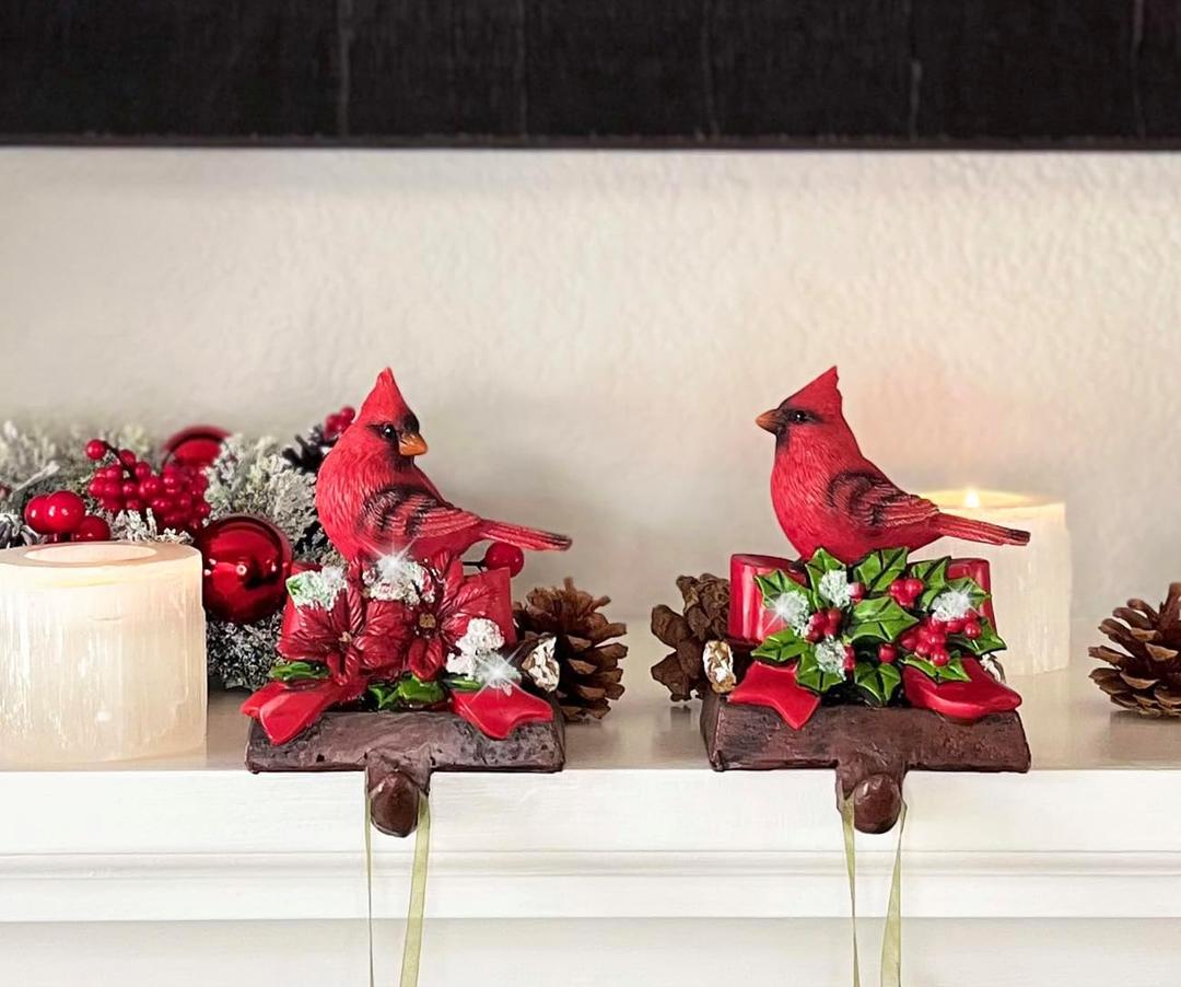 Christmas Red Cardinals Stocking Hangers, Resin, 5 x 4 Inches, Set of 2, Stocking Holders