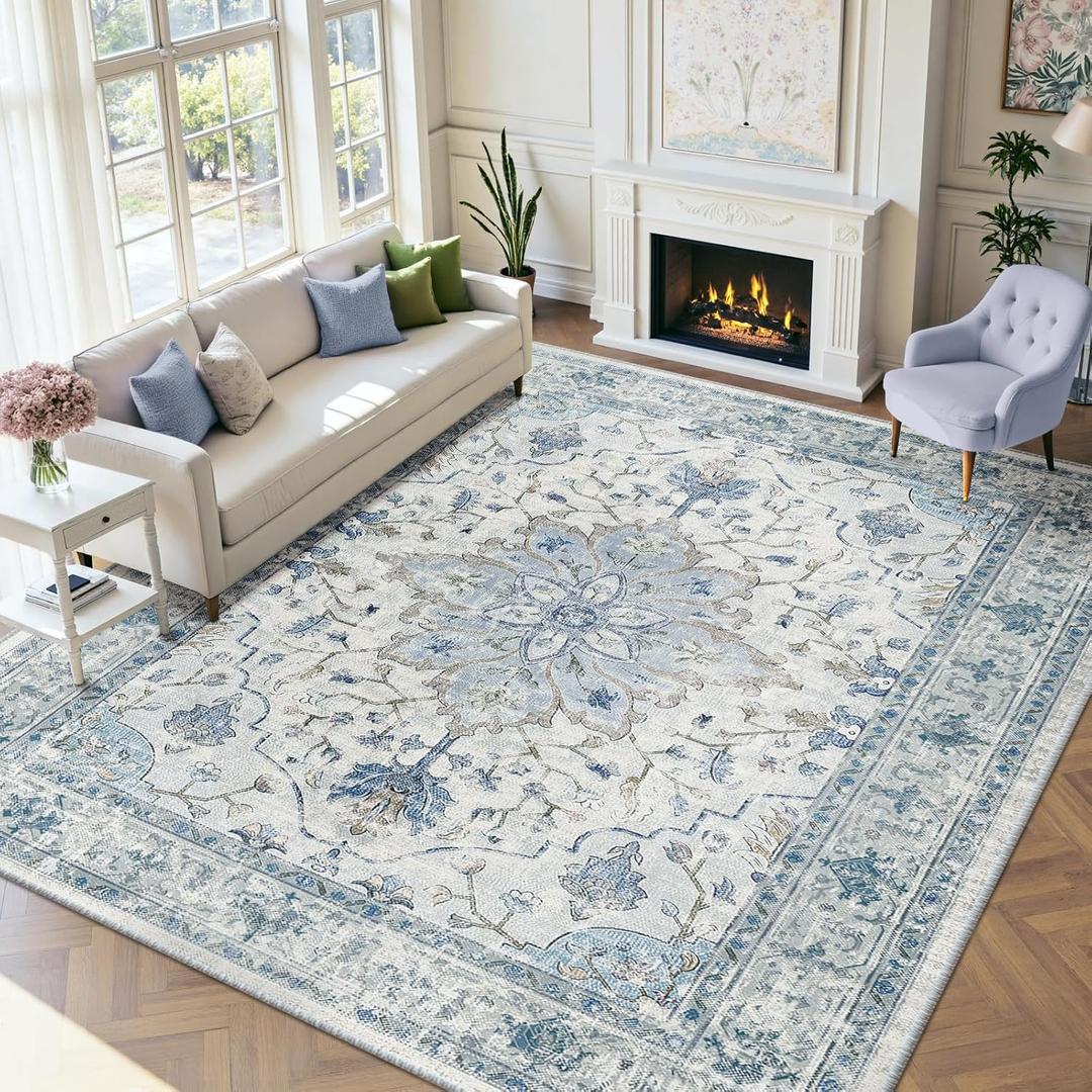 Area Rugs 9'x12' Washable Non-Slip, Floral Vintage Distress Print Pattern Medallion Carpet for Living Room Bedroom Dining Room, Light Blue Navy Beige Gray White