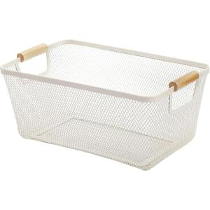 AJIODA Metal Mesh Steel Basket, Medium Wire Storage Organizer Basket Multi-function Hanging Kitchen Basket with Wood Handle for Kitchen Bathroom Picnic Home, Rectangle-Off White