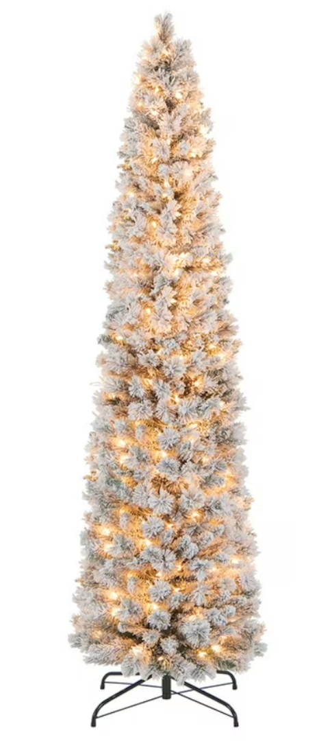 7 FT Pre-Lit Slim Christmas Tree Flocked Decoration with Pine Needles & Lights
