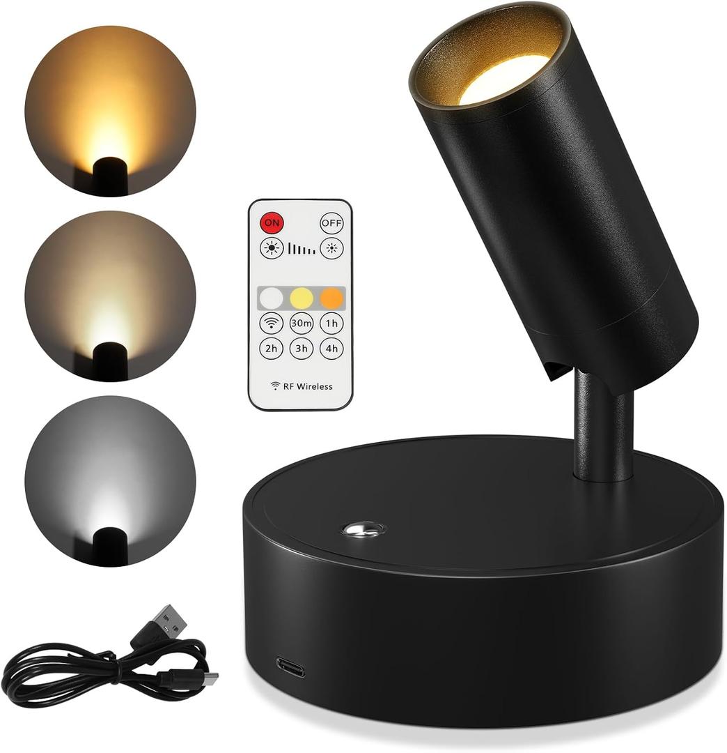 Wireless Led Spotlight Indoor, Rechargeable Uplighting Indoor with Remote Dimmable, 350 Rotate, Battery Powered Ceiling Spotlight for Artwork Painting Tree Plant Picture Lights (1 Pack, Black)