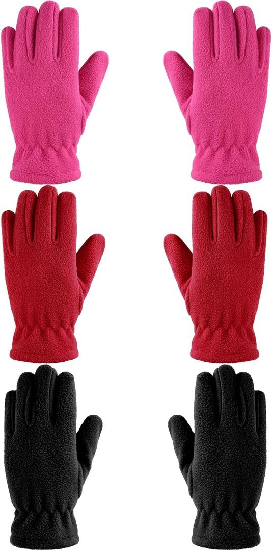 Geyoga 3 Pairs Kids Fleece Gloves Youth Winter Warm Glove Full Finger Toddler Mittens for Boys Girls Outdoor (Medium (8-12 Years), Rose Red, Black, Red)