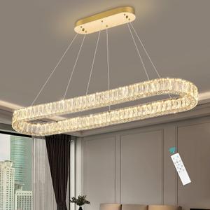 HAIXIANG Modern Crystal Chandelier Dimmable LED Long Chandeliers for Dining Table Pendant Lights Rectangular Glam Lighting Fixtures for Dining Room Kitchen Island Gold, Oval : L47"