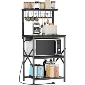 Furologee Kitchen Bakers Rack with Power Outlet, Microwave Oven Stand with Storage 4 Tiers, Coffee Bar Table with 6 S Hooks, Kitchen Storage Shelf Rack for Spices, Pots,Black