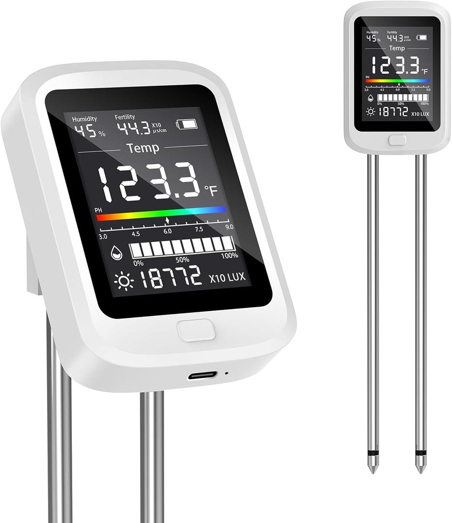 6-in-1 Soil Moisture Meter - 2026 Digital Soil Tester Kit with pH, Nutrient, Sunlight, Temperature & Humidity | Multi-Function Tester for Garden,Lawn and Indoor Plants | Factory-Permanent Calibration (White)