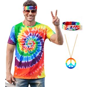 Mainfini Mens 60s 70s Outfits Hippie Costume Retro Colorful Themed Party Shirt (S-3XL) (Multicolor - Rainbow)