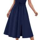 Angashion Womens Summer Midi Dresses Casual V Neck Cap Sleeve Empire Waist Elegant 2026 Flowy Solid Long Dress with Pockets NBL M Navy Blue (Blue, M)