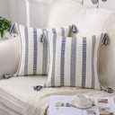 Smile Bee Boho Outdoor Couch Throw Pillow Covers Set of 2 Decorative Thick Woven Striped Accent Neutral Pillow Covers with Tassels for Bed Sofa Home Decor 20x20 Inch, Navy Blue and Cream White