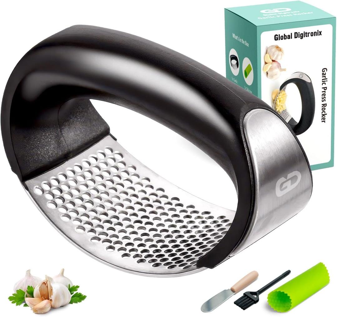 Garlic Press Rocker, Crusher, Mincer Tool Stainless Steel With a Garlic Peeler, Spatula, and Brush Extract More Garlic Paste. The Garlic Mincer Tool Squeezes, Extracts, Crushes