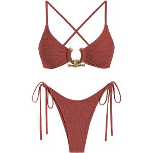 ZAFUL Women's Bikini Sets Ribbed Metal O Ring Criss Cross Two Piece Swimsuit Cheeky High Cut Side Tie Thong Bathing Suit (Medium)