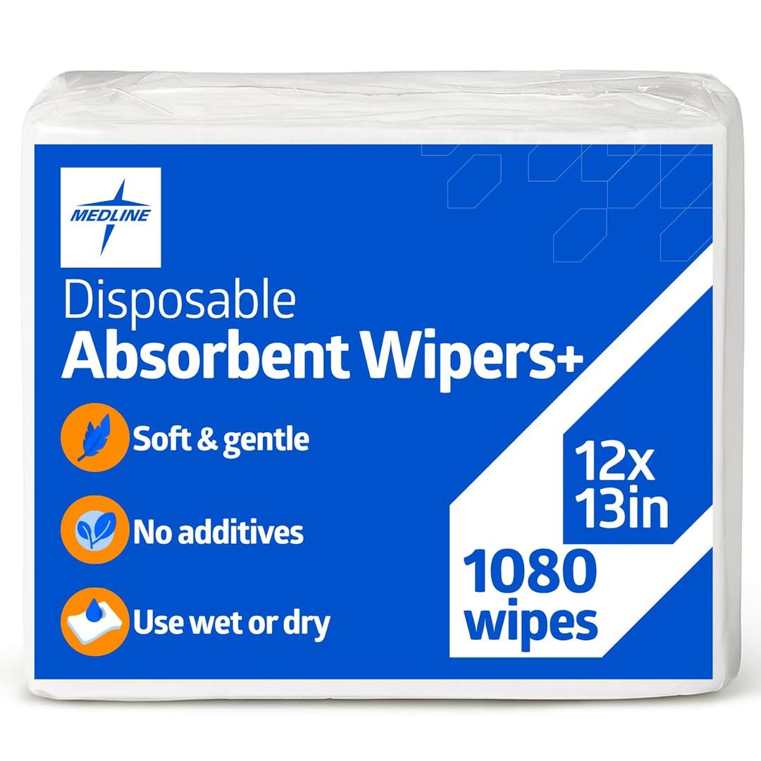 Medline Absorbent Wipers+ Disposable Heavy Duty Dry Wipes, 12" x 13" (90 Count, 8 Pack)