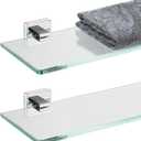 JQK Bathroom Glass Shelf, Floating Tempered Glass Shower Storage 12 by 5 inches, 304 Stainless Steel Polished Chrome Wall Mount 2 Pack, TGS201L12-CH-P2