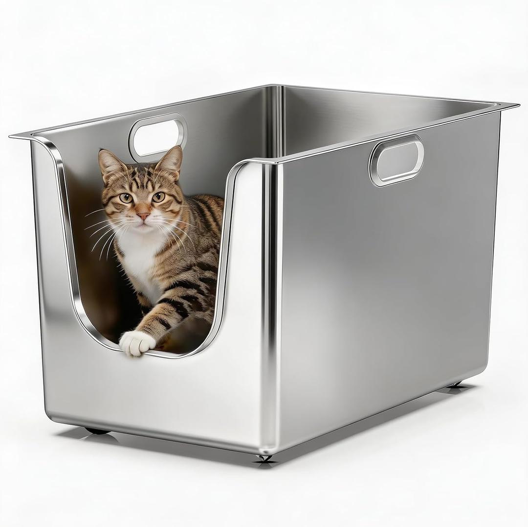 Stainless Steel Cat Litter Box with Wheels, High Side Metal Pan (22.5"x14.5"x12")