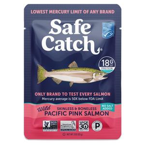 Safe Catch Skinless and Boneless Wild Pacific Pink Salmon Pouch, No Salt Added, Mercury Tested, Kosher, 3oz Pouches, Pack of 12