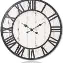 Large Farmhouse Wall Clock, 24" Rustic Roman Numerals Wooden Wall Clock for Living Room, Battery Operated, Silent (Silver & Black)