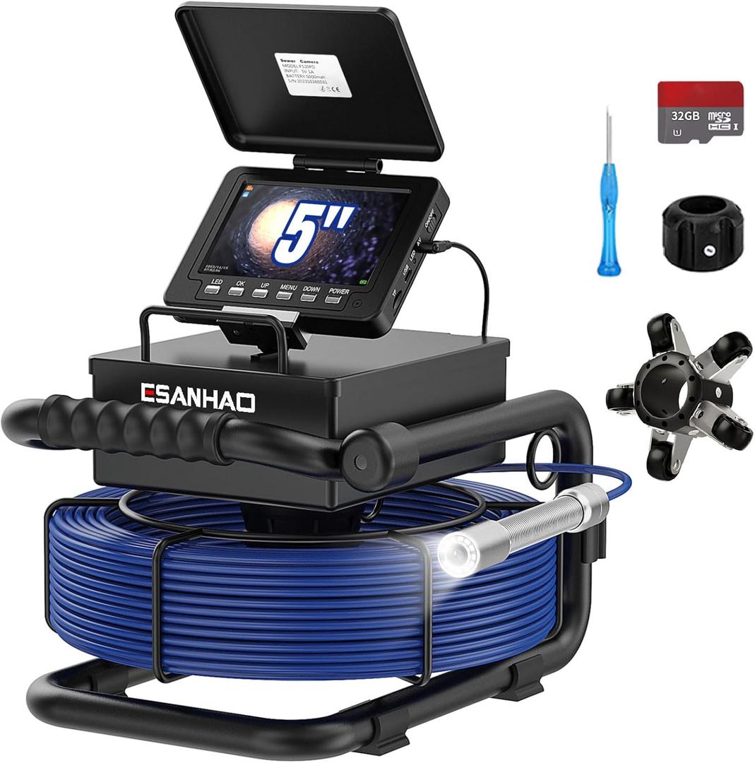 Sewer Camera 100ft Drain Snake Plumbing Inspection Camera 5" Screen with Video Recording DVR Included 32GB TF-Card