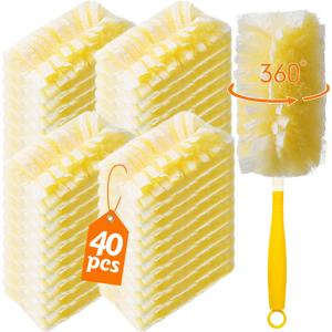 40 Count 360 Heavy Duty 2 Sided Duster Refills Compatible with Swiffer, Large Size-Extra Thick Disposable Electrostatic Feather Duster Refill with 1 Short Handle for Furniture, Blinds, Ceiling (Yellow)