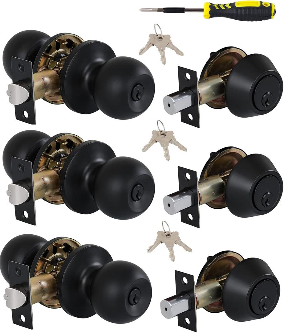 Lanwandeng (3 Sets) All Keyed Same Entry Knobs&Single Cylinder Deadbolt for Exterior Front Doors, Round Ball Matte Black Finish Entry Door Lock with Same Keys