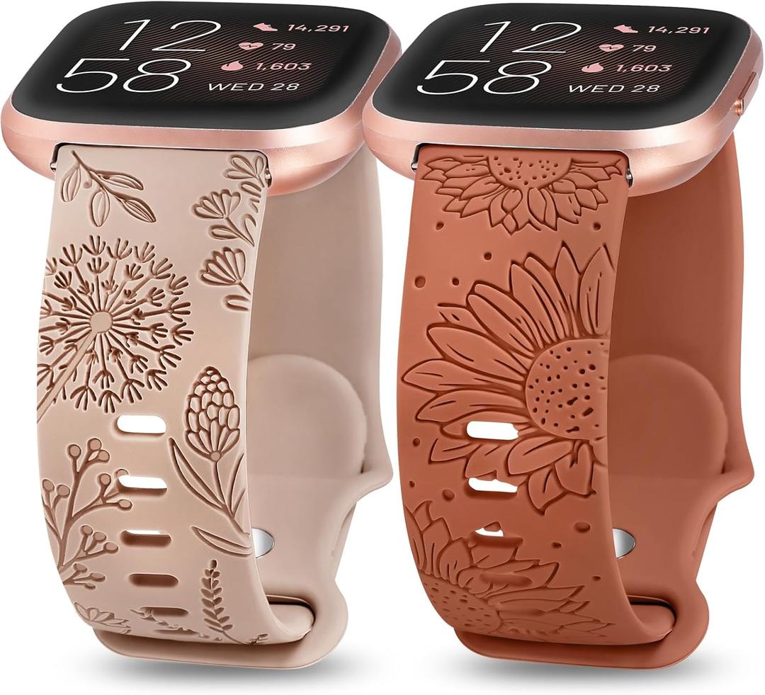Minyee 2 Packs Floral Engraved Band Compatible with Fitbit Versa 2/Fitbit Versa/Versa Lite Bands Women, Cute Soft Silicone Sunflower Dandelion Sport Designer Fancy Summer Strap for Versa 2 Smart Watch