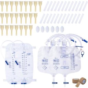 External Condom Catheter for Men Kit, 24 Soft Latex, 6 Catheter Stabilization Devices, 2 x 1000mL Urinary Leg Bags, 2 x 2000mL Overnight Catheter Bag, 2 Roll Tapes Set for Incontinence Men Use (35mm)