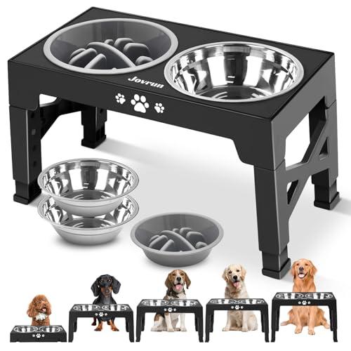 Jovrun Elevated Dog Bowls, Dog Feeder with 2 Stainless Steel Dishes &1 Slow Feeder Bowl, 5 Heights Adjustable Raised Stand for Medium Large, Food Dishes with Non-Slip Feet