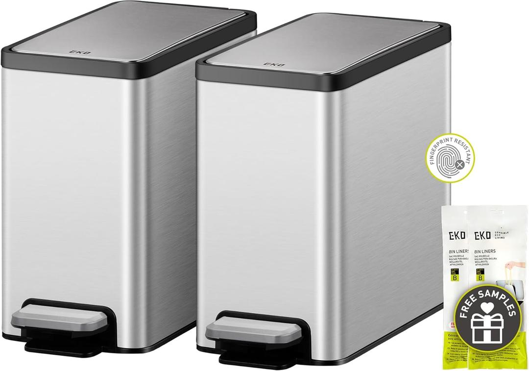 EKO Slim Small Bathroom Trash Can with Lid, Stainless Steel Kitchen Garbage Can with Removable Inner Bucket, 6L / 1.6 Gal 2 Pack Step On Trash Can Combo