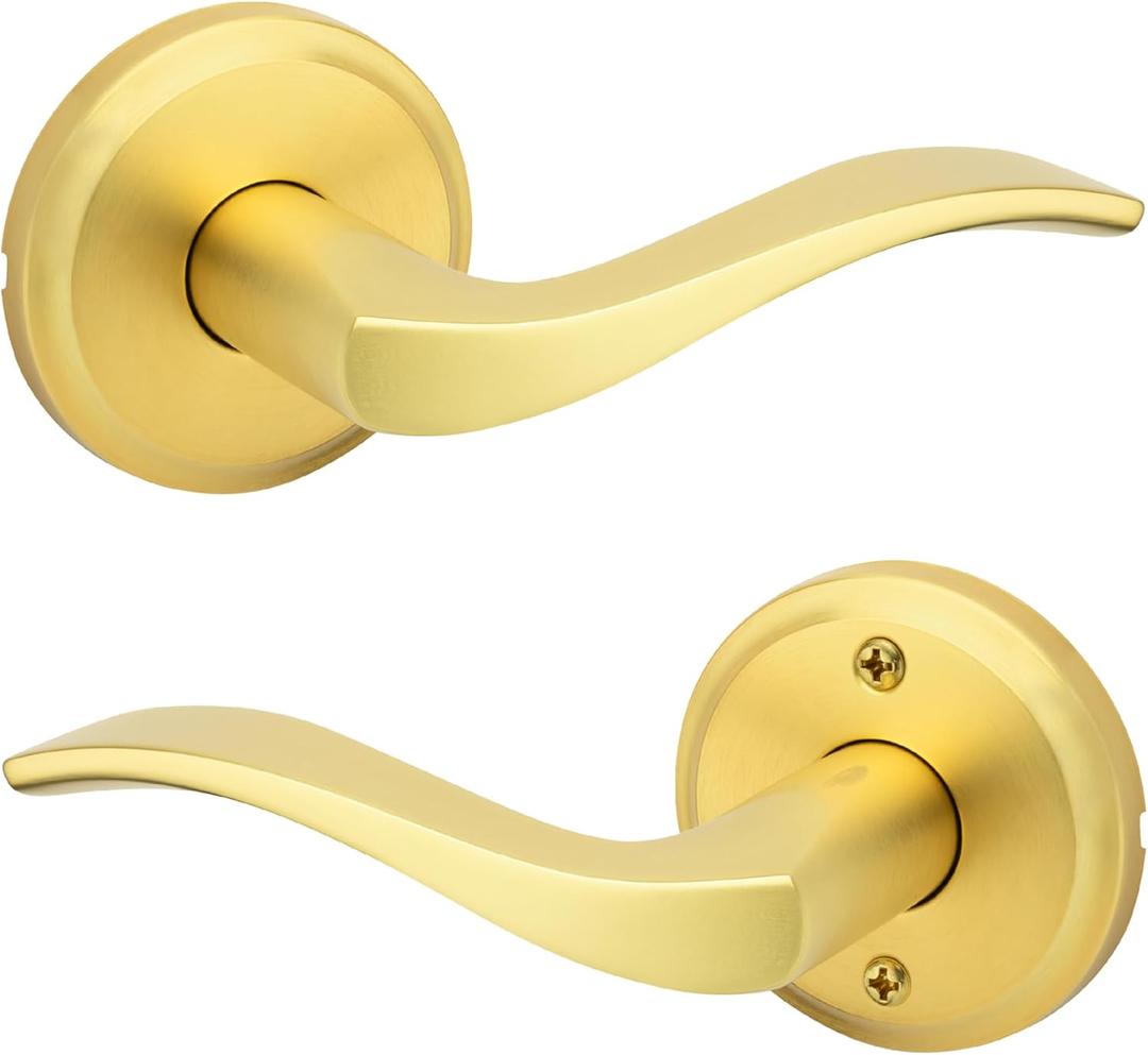 Kwikset Sedona Interior Passage Door Handle, Lever for Closet and Hallway Doors, Reversible Non-Locking Handle Lever, Satin Brass, with Microban Protection